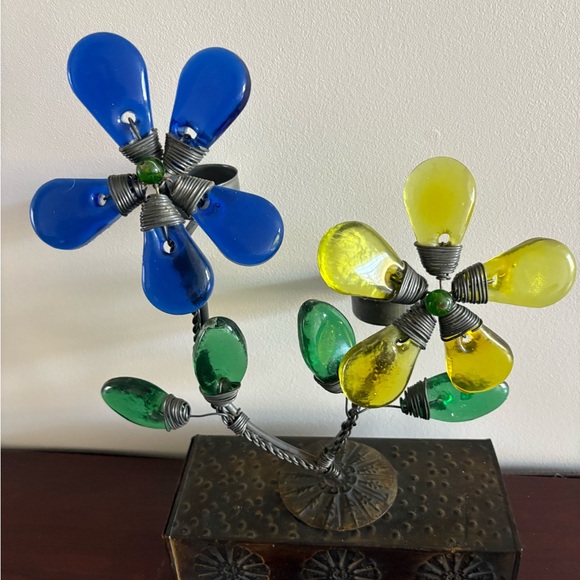 Colorful Glass Flower Sculpture Candleholder  Rustic Boho Chic - Picture 1 of 10